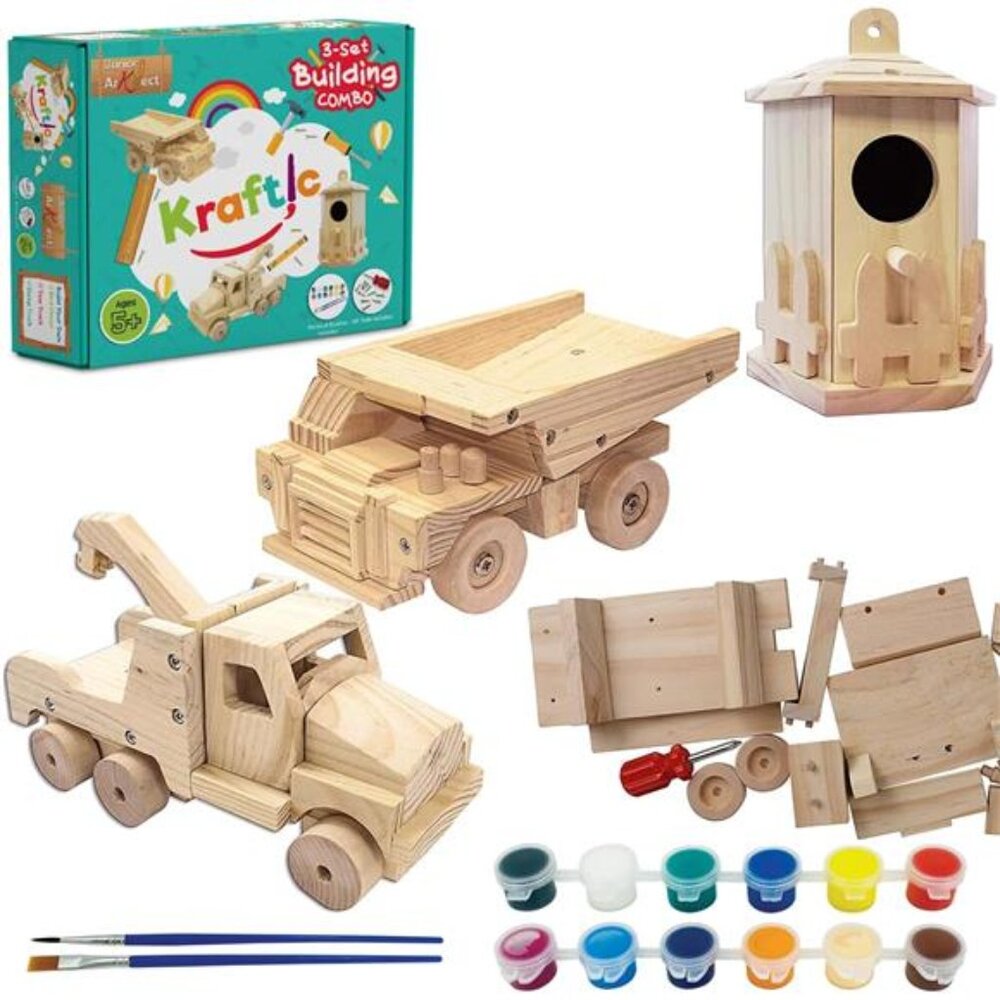 Kraftic Woodworking Building Kit for Kids and Adults, with 3 Educational DIY